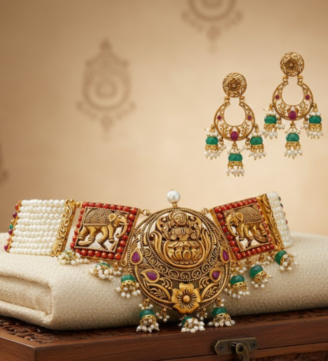 Royal Gajalakshmi Temple Choker Set with Pearl Strands