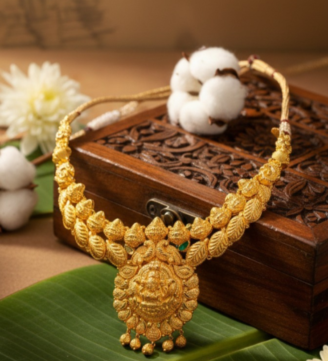 Sri Lakshmi Leaf Motif Antique Gold Necklace
