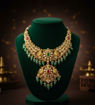 Emerald Ruby Diamond Peacock Bridal Necklace