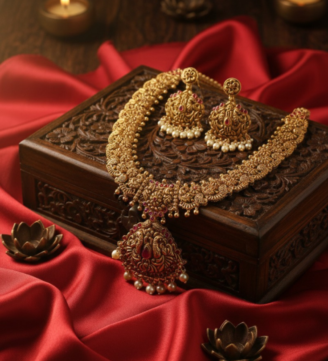 Sri Lakshmi Antique Temple Necklace & Jhumka Set