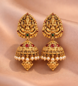 Divine Ganesha Temple Gold Jhumka Earrings