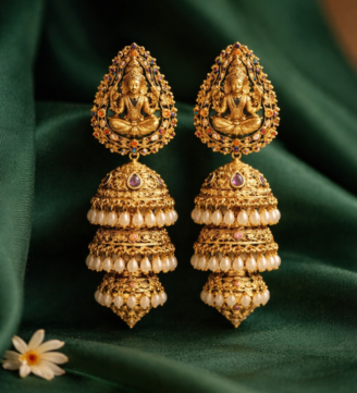 Lakshmi Divine Temple Gold Jhumka Earrings