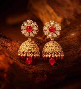 Ruby Radiance Floral Gold Jhumka Earrings