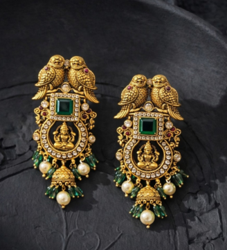 Lakshmi Emerald Peacock Temple Drop Earrings